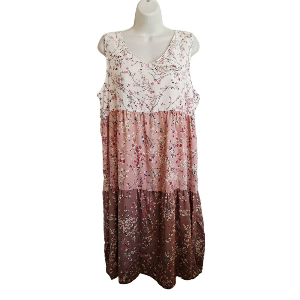 EGY California Floral Tiered Maxi Dress L White Pink Brown boho hippie